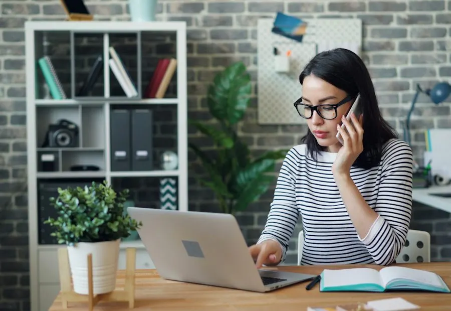Professional on a phone call at a home office desk